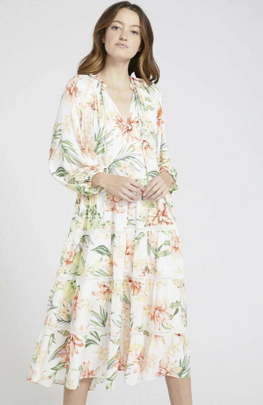 Alice + Olivia Womens Layla Hibiscus Floral Tiered V-neck Midi Dress Size M NWT